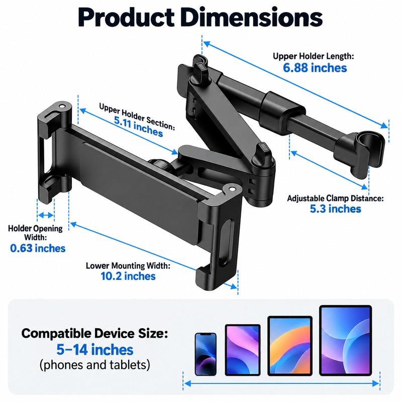 Car Headrest Tablet Holder Mount – Adjustable Back Seat Phone