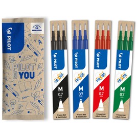 Pilot FriXion Gel Rollerball Pen Refills, 0.7 mm, Pack of 12, Black/Blue/Red/Green, with Erasable Ink, Compatible with FriXion Ball and Clicker, Medium Thickness