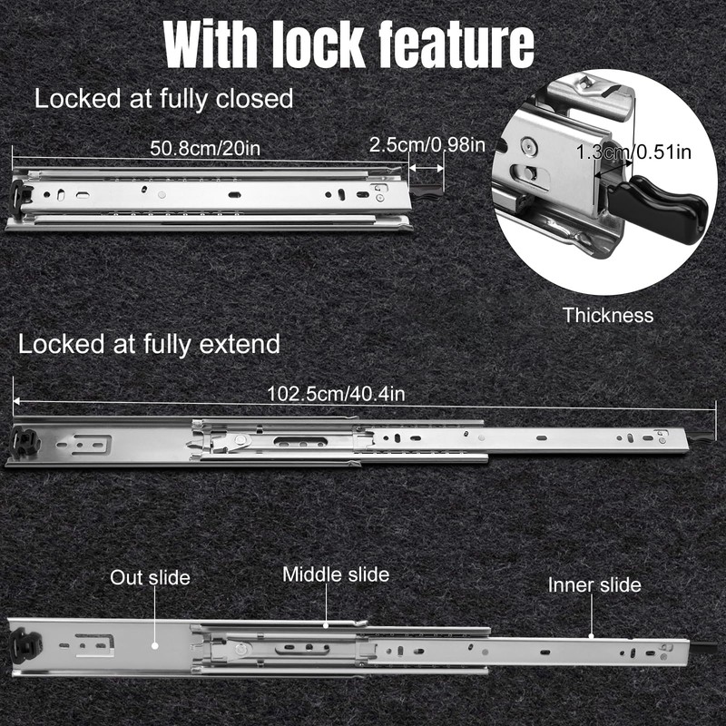 Locking Drawer Slides 20 Inch 1 Pair Heavy Duty Full