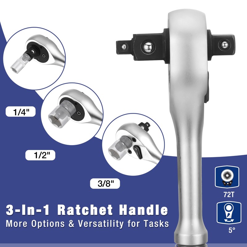 WORKPRO 22-Piece Socket Set with 3-in-1 Ratchet Handle, 1/4, 3/8,