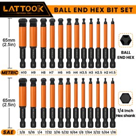 Ball End Hex Head Allen Wrench Drill Bit Set, LATTOOK 24PCS 2.5 Inch Metric & SAE Sizes Ball End Hex Bit Set Allen Key Set Hex Key Set, Magnetic Tipped, S2 Steel