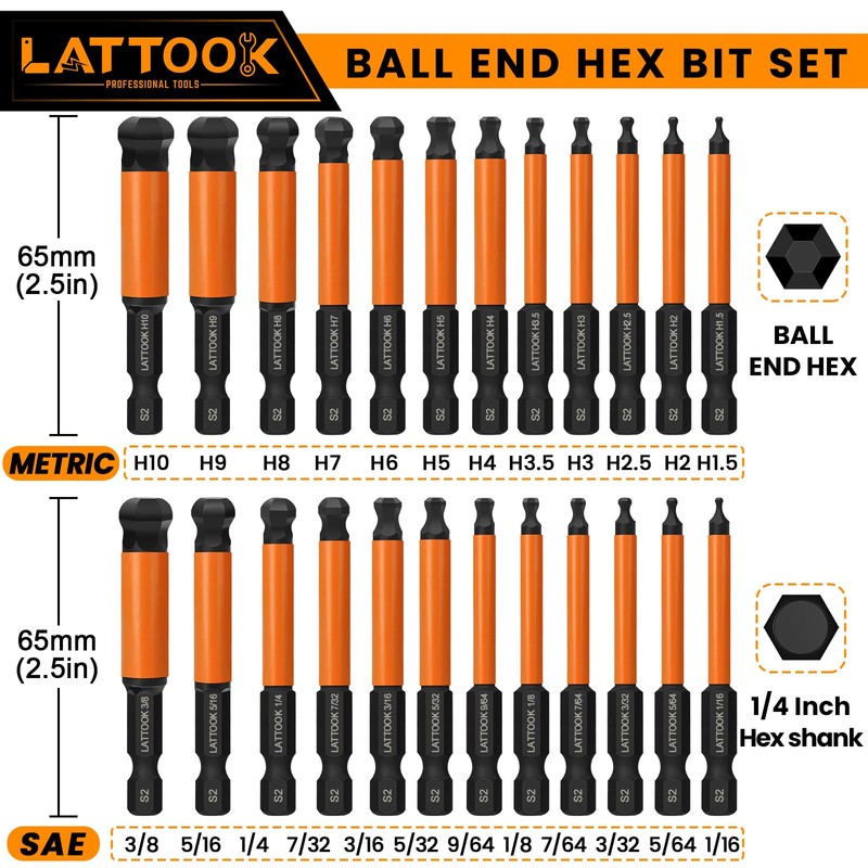 Ball End Hex Head Allen Wrench Drill Bit Set, LATTOOK