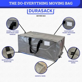 DURASACK Heavy Duty Moving Bag Storage Container Duffle Bag with Zipper, Reinforced Carry Straps and Backpack Straps, Made of Rugged Woven Polypropylene, Pack of 4, Gray