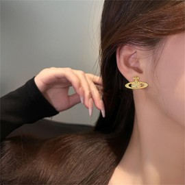 Dreuyet Saturn Pearl Necklace and Earrings Set Crystal Planet Earrings Dainty Artificial Pearl Choker Necklace Charm Gifts for Mum Wife Girlfriend Wedding Birthday Anniversary (Gold Planet set)