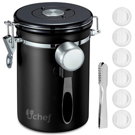 U Chef Recipiente de Café de Acero Inoxidable, Bote para Café, Recipiente Hermético para Almacenamiento de Alimentos de Cocina con Identificador de fecha y Cuchara para café molido, granos, té, harina, cereales, azúcar (22 onzas) (Negro)