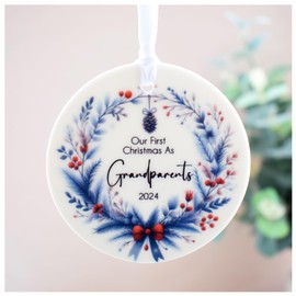 Our First Christmas As Grandparents 2024 Xmas Decoration. Navy Blue and Red Wreath Round Ceramic Hanging Bauble Tree Ornament. Nan Grandad Nanny Family Keepsake