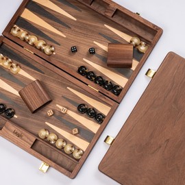 Lingle 14.5” Premium Natural Walnut Folding Backgammon Sets for Adults and Kids, Including 30 Artificial Horn Checkers, 2 Walnut Dice Cups, and 5 Wooden Dice/Classic Two-Player Strategy Board