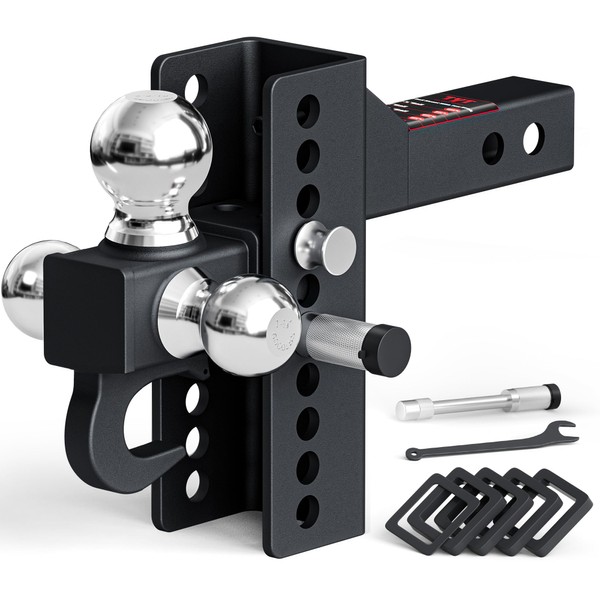 TYT Tri-Ball Mount Adjustable Trailer Hitch with Tow Hook, Fits