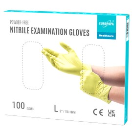EUROPAPA® Nitrile Gloves Box of 100 Disposable Gloves, Examination Gloves, Nitrile Gloves, Powder-Free, Latex Free, Non-Sterile, Disposable Gloves (L, Yellow)