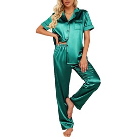 Ekouaer Silk Satin Pajamas Set Women Two-Piece Nightwear Short Sleeve Sleepwear Soft Button Down Loungewear Pjs Set Dark Green