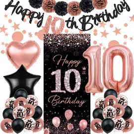10th Birthday Decorations for Girls, TSVATE Rose Gold Happy 10th Birthday Decorations, Happy 10th Birthday Banner, 10th Birthday Backdrop Yard Door Wall, 10th Birthday Balloons, Pompoms, Star Streamer