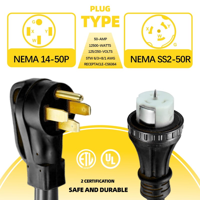 50 Amp Generator Extension Cord 13ft 14-50P to SS2-50R Heavy
