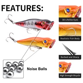 FANGBLUE Popper Fishing Lures Topwater Fishing Baits 3.54 inch Hard Baits 3D Eyes Swimbait Crankbait with Treble Hook for Bass Trout Freshwater Saltwater