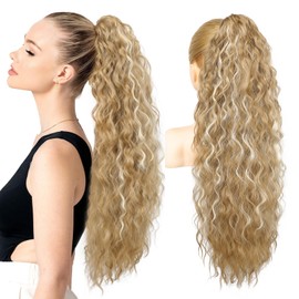 REECHO Ponytail Extension 30" Long Claw Clip Ponytail Extension Curly Wavy Pony Tails Hair Extensions Clip in Synthetic Hairpiece for Women, Medium Blonde with Blonde Highlights