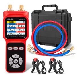Rogvoc Digital Manifold Pressure Tester Gauge for HVAC, 2-Way AC Pressure Gauges with 2 Thermometer Clamps and 2 Hoses for Air Conditioner Performance Testing