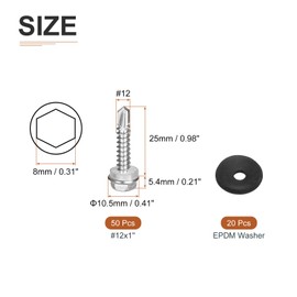 DTGN 45Pcs #12x1" Hex Washer Head Self Drilling Screws with M5.5x19mm EPDM Washer Kit - 410 Stainless Steel Self Tapping Sheet Metal Screw Assortment - Good for Metal