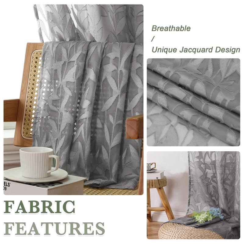 Lecloud Leia Clip Leaf Charcoal Grey Curtains Tiers Sheer Valances