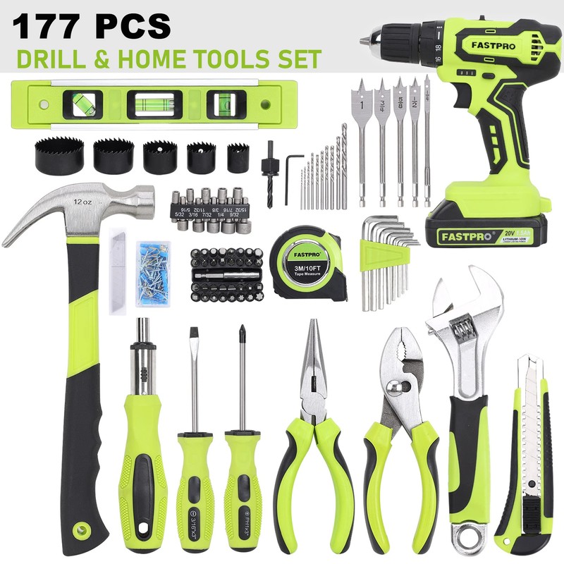 FASTPRO 177-Piece 20V Cordless Lithium-ion Drill Driver and Home Tool
