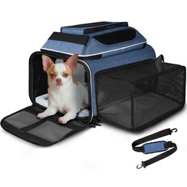 Petskd Top and Side Expandable Pet Carrier 18x13x9.5 Inches Southwest Airline Approved, Soft-Sided Carrier for Small Cats and Dogs with Locking Safety Zippers and Anti-Scratch Mesh(Blue)