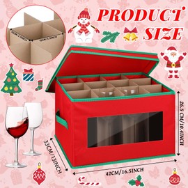 Locmeo 2 Pcs Christmas Wine Glass Storage Box with Dividers Stemware Storage Cases Holiday China Storage Chest Containers Organizer with Lid and Handles for Glassware Moving and Protection
