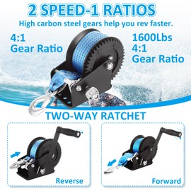 JMIATRY 1600lbs Boat Trailer Winches with 26FT/8M Blue Strap Hand Crank Winch 2 Way Ratchet Manual Winch with Cable & Hook Heavy Duty Trailer Winches for RV Jet Ski Boat Trailer Towing Pulling Winch