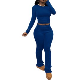 CLOCOR Womens 2 Piece Airport Outfits for Women Fitted Crew Neck Flare Pants Women Workout Sets Royal Blue L