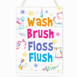 Wash Brush Floss Flush Sign Girl Bathroom Wood Plaques Wall Decor,Cute Unicorn Theme Girls Bathroom Front Door Wooden Hanging Sign for Toilet Washroom Shower Room Wall Decor 12'' L x 8'' W