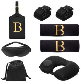 CHOIEO 7 Pcs Travel Accessories Set with Embroidered Initial Luggage Tag, Handle Wraps, Inflatable Neck Pillow, Eye Mask with Pouch and Luggage Straps for Travel Comfort and Organization (B)