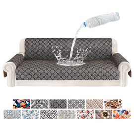 ALIECOM 100% Waterproof Couch Cover for 3 Cushion Couch Sofa Pet Friendly Sofa Covers Washable Printed Non Slip Furniture Protector Slipcovers with Pockets for Dogs (Large, Floral Beige & Navy)