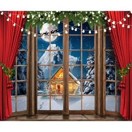 10x8ft Christmas Large Backdrop for Photography Red Curtain Winter Wonderland Santa Xmas Tree Rustic Wooden Window Photobooth Background Snow Bokeh Party Banner Decor Baby Family Holiday Supplies