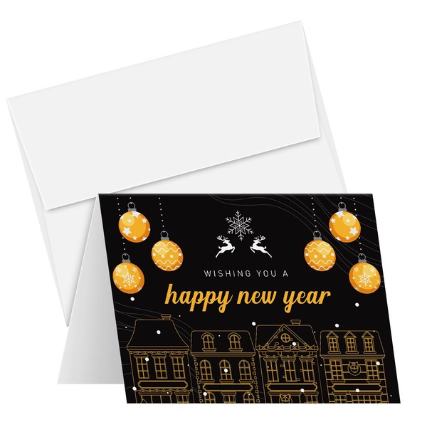 2024 Happy New Year Greeting Cards – Winter Snowy Christmas Eve Xmas Holiday Greetings, Invitations, Thank You's, Announcements, Gift & Presents – 25 Per Pack, Envelopes Included – 4.25 x 5.5"