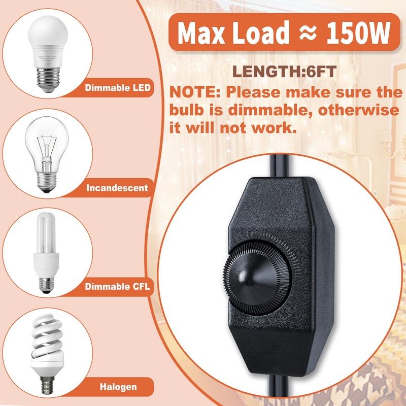 Extension Cord with Dimmer Switch, 6FT/1.8m Lamp Dimmer, 2 Prong