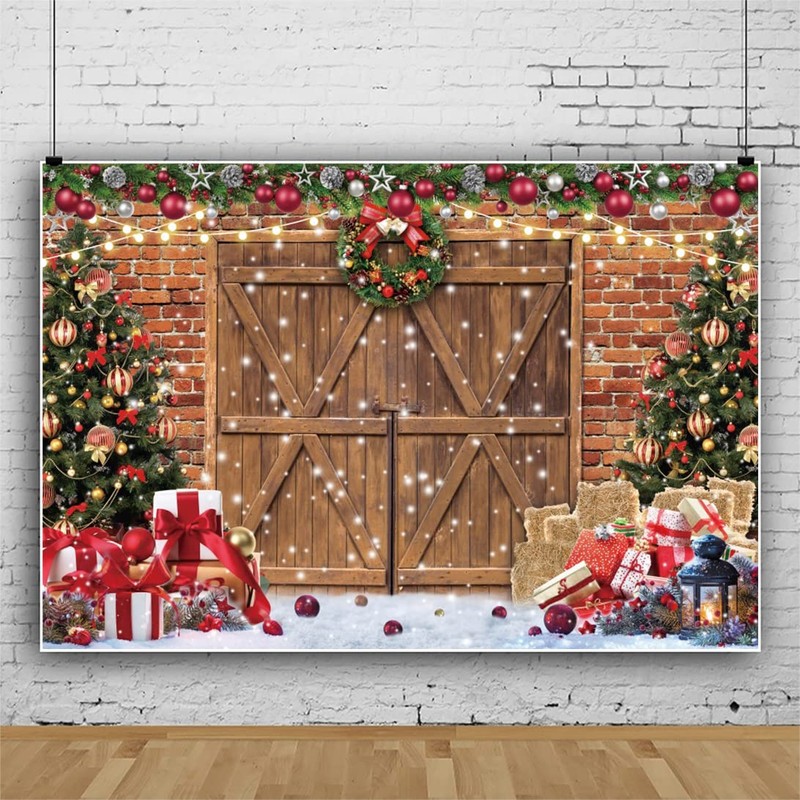 DASHAN Christmas Backdrop Wooden Barn Door Xmas Tree Snowflake Brick