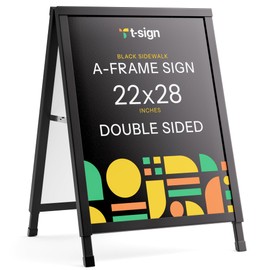 T-SIGN Outdoor A-Frame Sidewalk Sign 22x28 Inch Sandwich Board, Black Coated Steel Metal Double-Sided, Heavy Duty Slide-in Folding Frame Sign Holder, 2 Corrugated Plastic Poster Boards, Display Stand