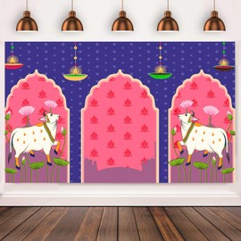 TYOOFD Indian Blue Lotus Cow Pooja Pichwai Backdrop for Traditional Indian Pooja Wedding Housewarming Diwali Ganapati Baby Shower Haldi Ceremonies Indian Wall Art Photo Background 9x6ft BJDWFD411