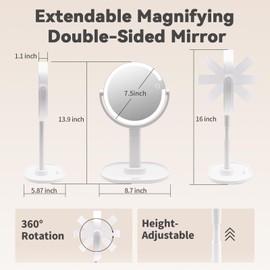 SANYCASA Makeup Mirror with Lights, 10x Magnifying Mirror with Light, 3 Color Lights, Double Side Touch Control, Height Adjustable, Vanity Mirror for Travel, Type-C Fast Charge, Gifts for Women