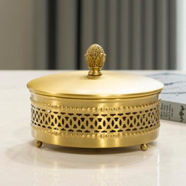 YACSNBF Gold Brass Decorative Boxes With Strawberry shape Handles, Jewelry Boxes Modern Storage Boxes，Round Hammered Metal Container, Brass Finish