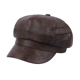 8 Panels Newsboy Caps for Women Men PU Leather Visor Beret Plain Cabbie Hat Vintage British Style Painter Cap Baker Hat, Brown, One Size