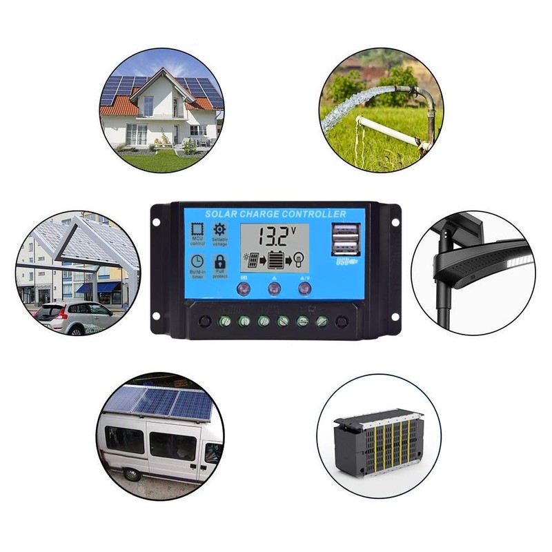 10A Solar Charge Controller,Solar Panel Controller 20Amp Dual USB 12V/24V