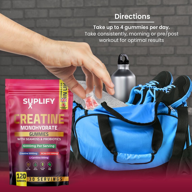 Suplify, Max 5000mg, 120 Creatine Monohydrate Gummies, Added 500mg BCAAs