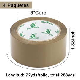 BOMEI PACK Cinta de Embalar, 4 Packs con Dispensador, Cinta de Embalar Silenciosa, 2.4Mil, 1.88 Pulgadas x 72yds por Rollo, Cinta Ultra Fuerte para Envíos de Cajas de Mudanza (Marrón)