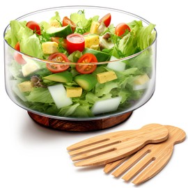 FillTouch 125 oz Large Glass Salad Bowl Set with Wooden Base and Fork Trifle Glass Mixing Bowl with Serving Utensils for Fruits, Popcorn, Chips, Pasta(125 oz)