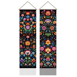 AHANDMAKER 2Pcs Folk Art Floral Tapestry, Colorful Long Vertical Wall Hanging, Vintage Flower Tassel Botanical Aesthetic for Bedroom Living Room, 45.7x13Inch