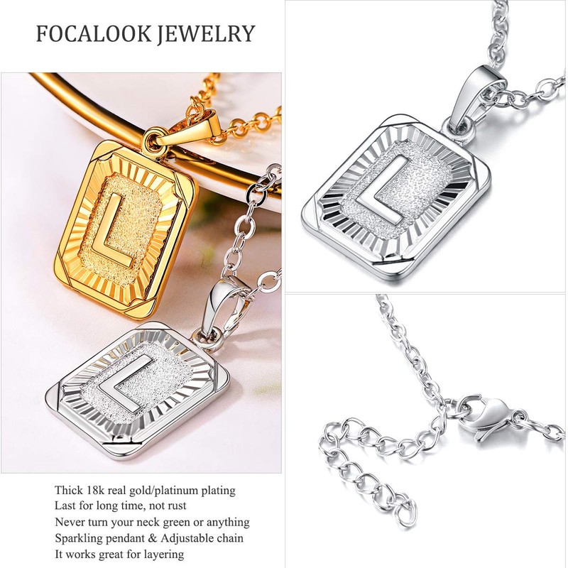 FOCALOOK Initial Necklaces for Women Rectangle Shaped Platinum Plated Silver