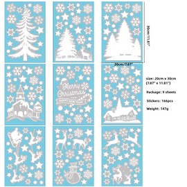 Pack of 9 Christmas Decoration Windows, PVC Double-Sided Window Stickers Christmas Snowflakes Decoration Christmas Window Decoration for Window Film Christmas Decoration (Pack of 166)