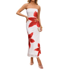 ZESICA Womens Boho Floral Strapless Maxi Dress 2025 Summer Off Shoulder Bodycon Beach Party Long Dresses, White, Large