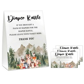 Cazhes Woodland Baby Shower Game, Jungle Animal Safari 50 Diaper Raffle Tickets with 1 Standing Sign for Gender Neutral Shower - A04