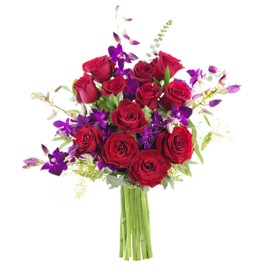 KaBloom Flowers - Mother's Day Collection -Ambrosia Roses and Orchids Bouquet:12 Red Roses, 5 Purple Orchids and Lush Greens .Gift for Valentine, Mother’s Day Fresh Flowers