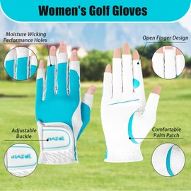 MAZEL Golf Gloves Women One Pair S M L XL, Open Fingers for Easy Touch Screen, Left Right Hand Leather Ladies Gloves Small Medium Large Extra Large(Blue Pair, XL)