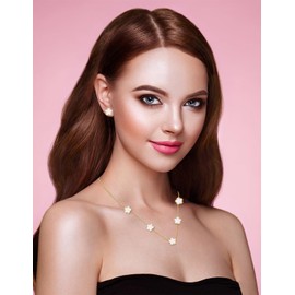 JIEMUCHU Gold Plated Stainless Steel Four Leaf Clover Necklace and Stud Jewelry Set for Women (White-Gold Plated)